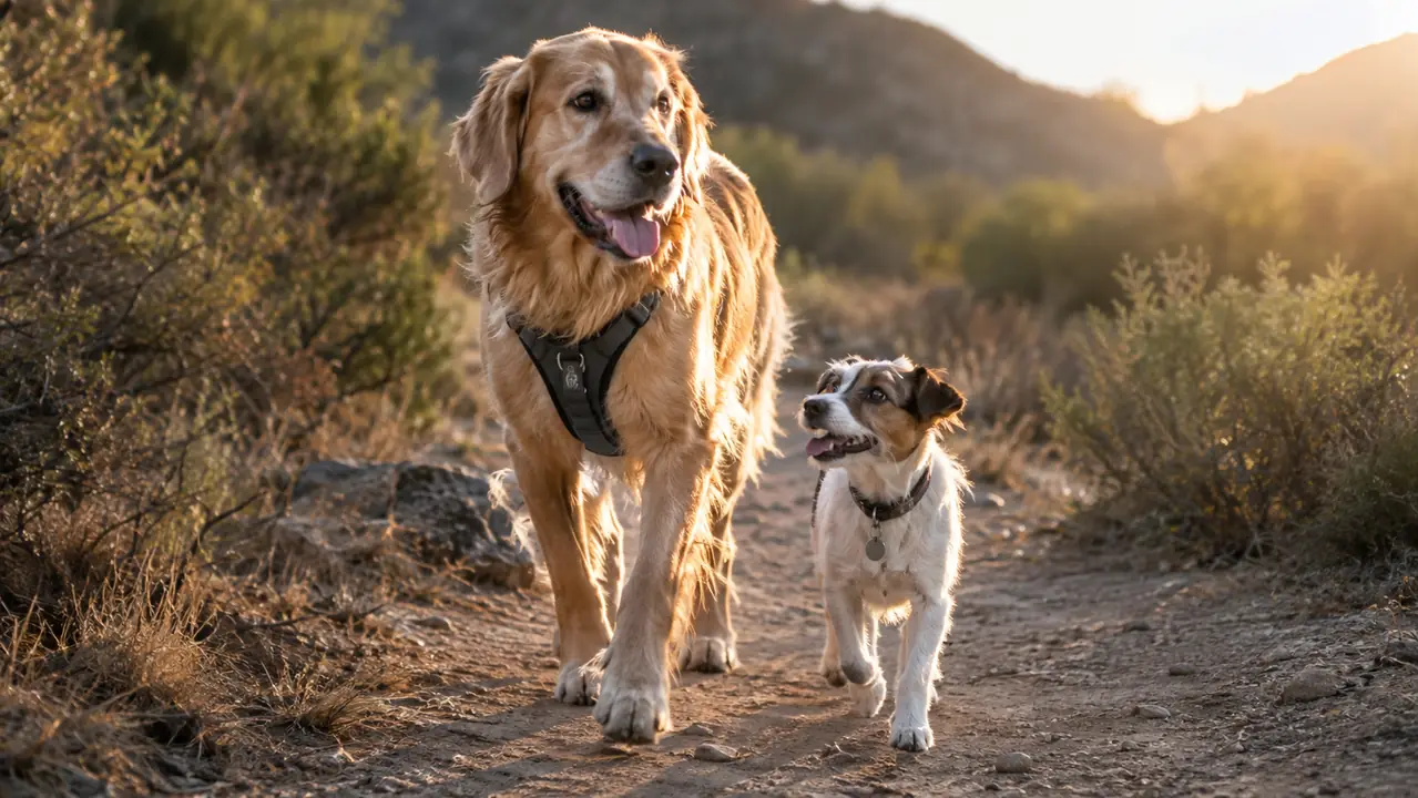 Two dogs, one large and one small, walking together on a dusty trail, the large dog wearing a front-clip harness
