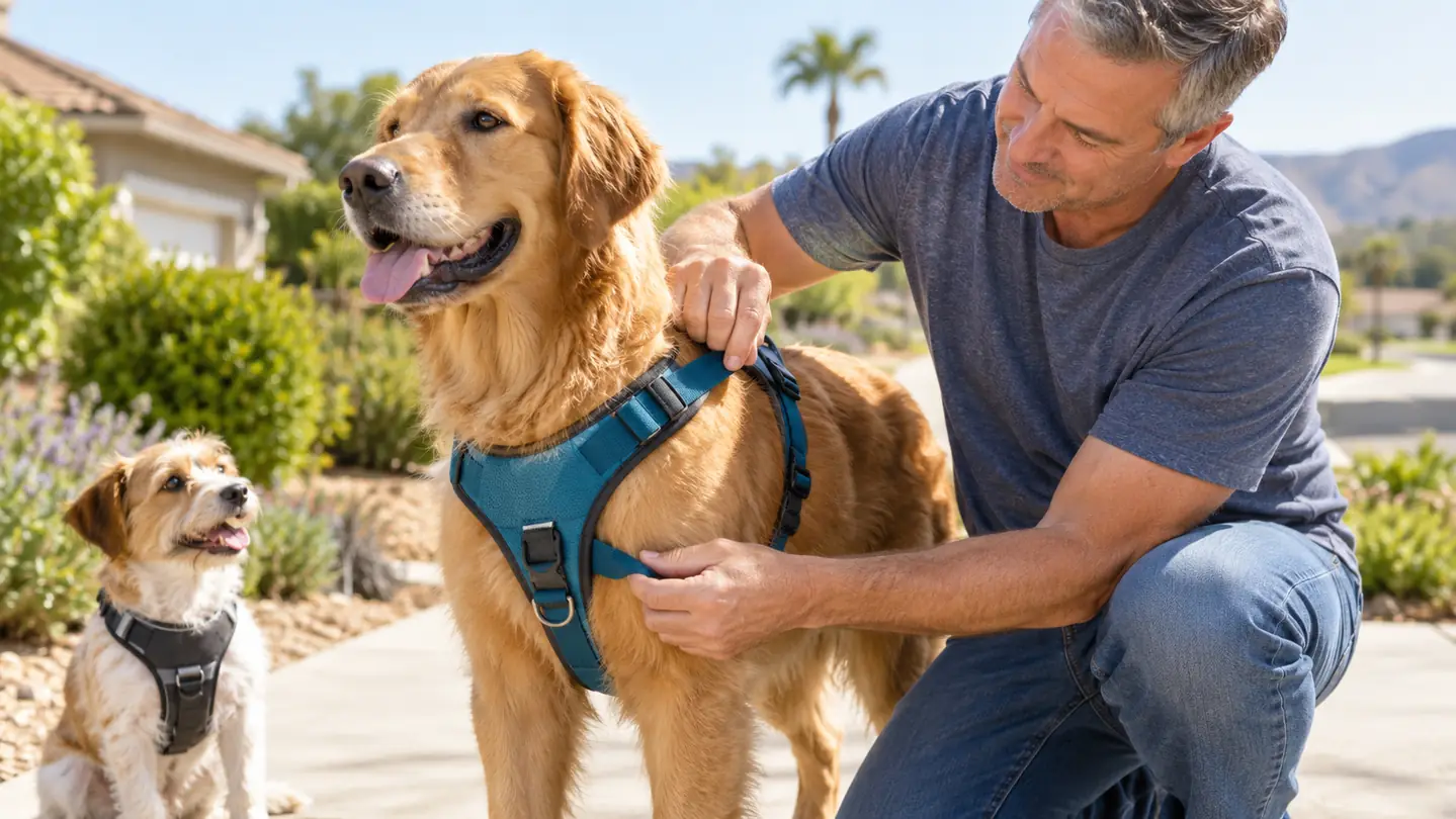 A close view of a hand adjusting the front clip strap on the padded chest panel of a no-pull harness while the dog stands still
