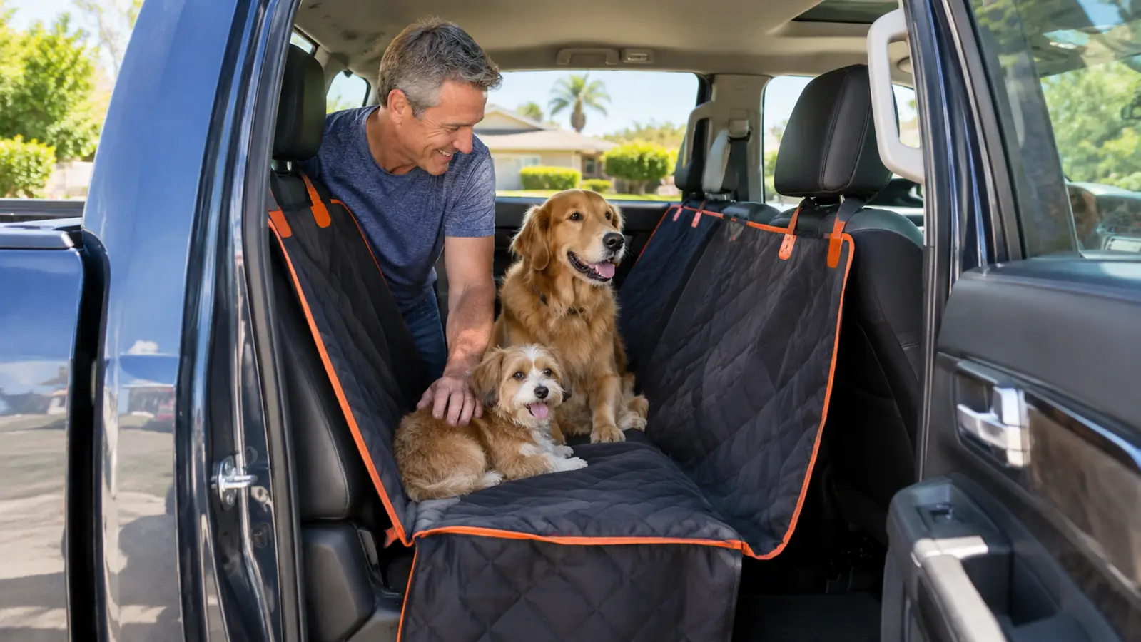 A small dog sitting on a hammock car seat cover in the back seat