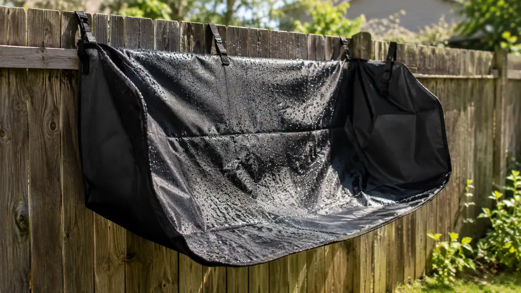 A hammock car seat cover hanging over a wooden fence to dry after being hosed down