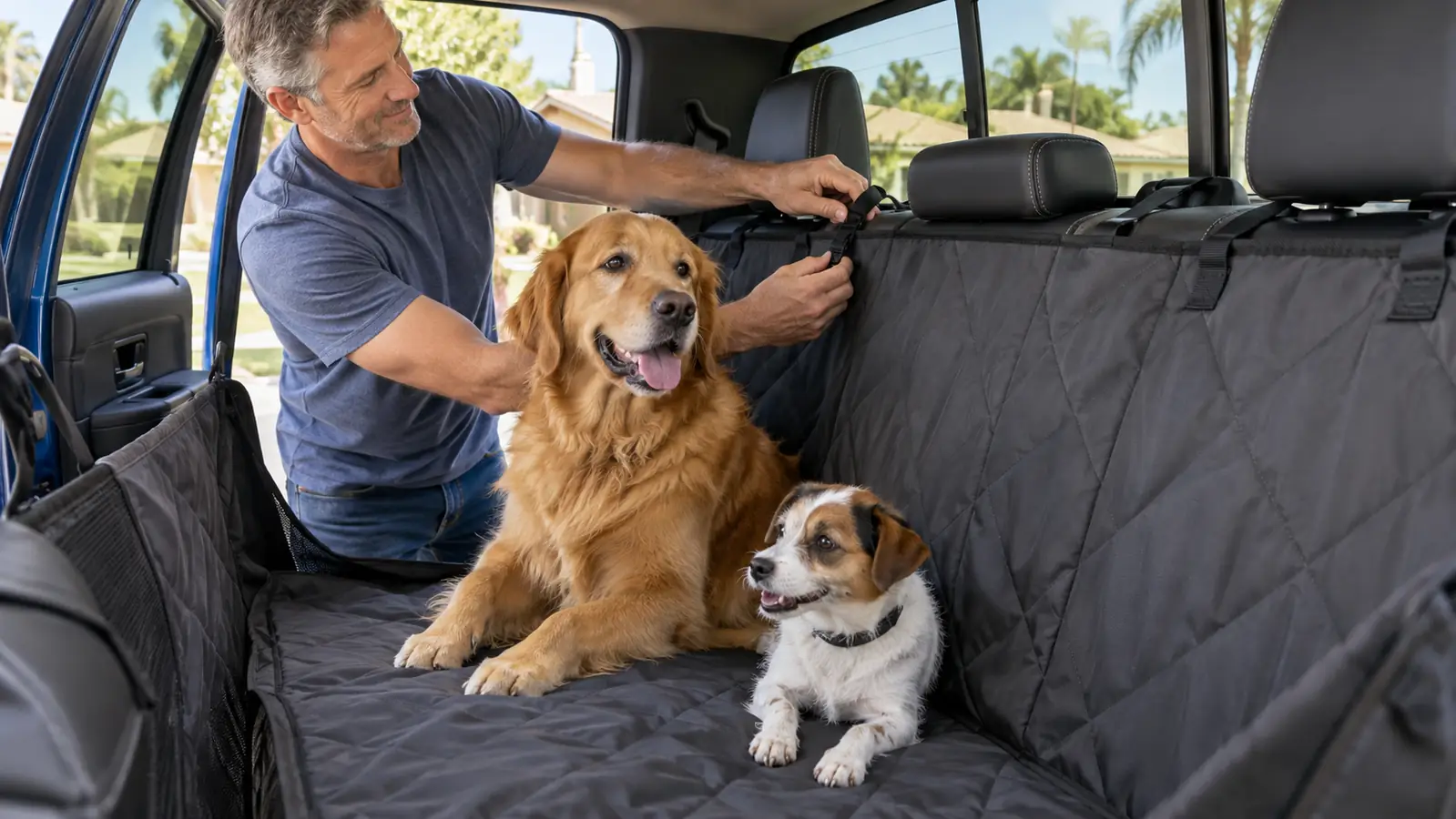 A hand adjusting a strap on a dog car seat cover installed in a truck back seat