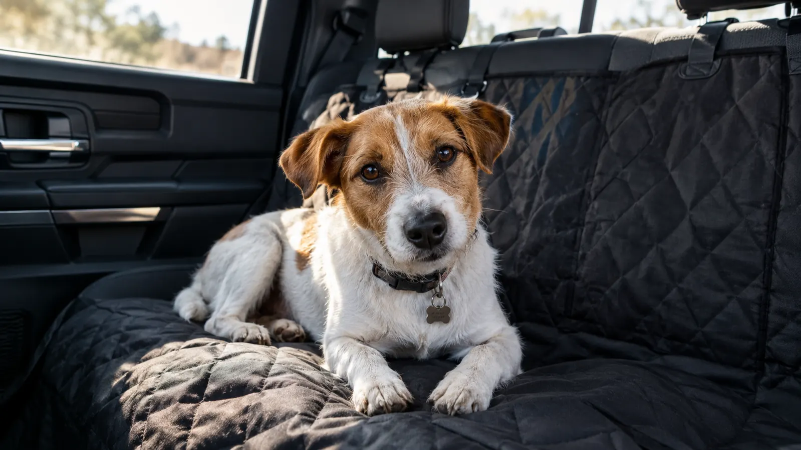 A small dog resting on a car seat cover in a truck