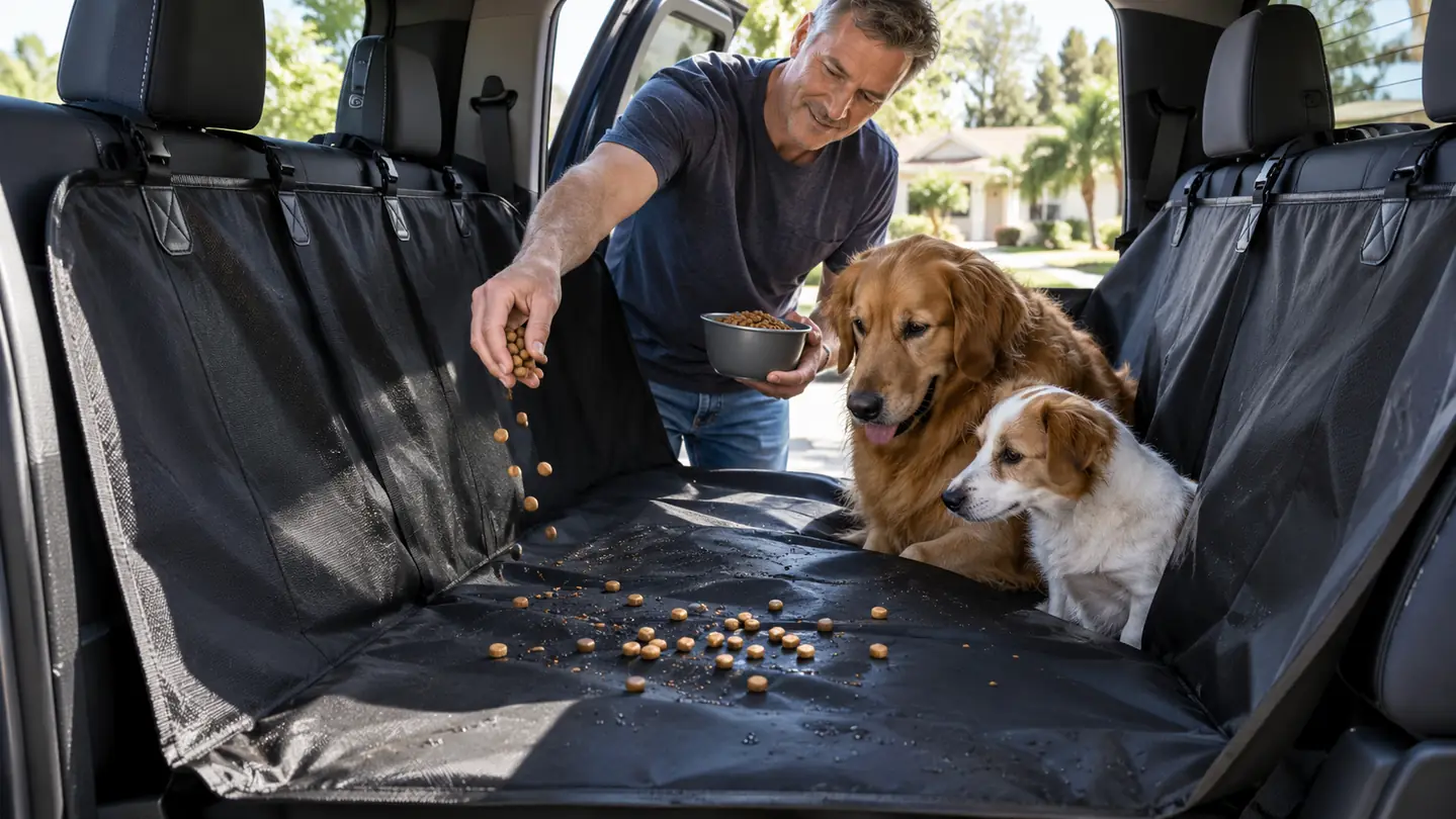 A hand sprinkling dog kibble on top of a seat cover in the back seat of a pickup truck