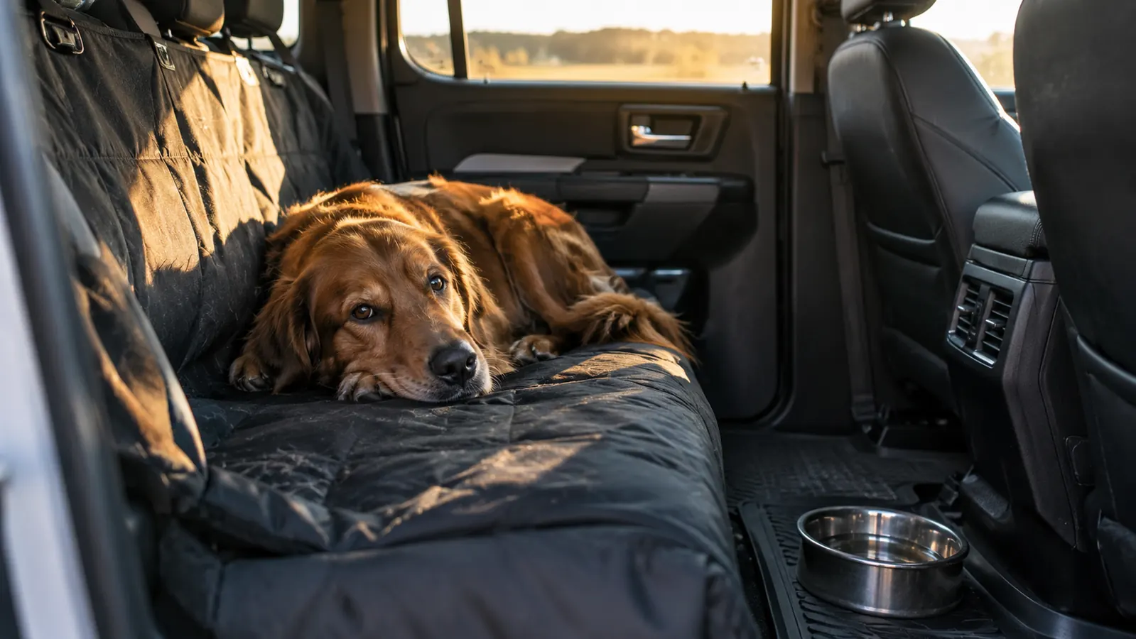 A dog lying on a seat cover in the back seat of a pickup truck with a water bowl on the floor