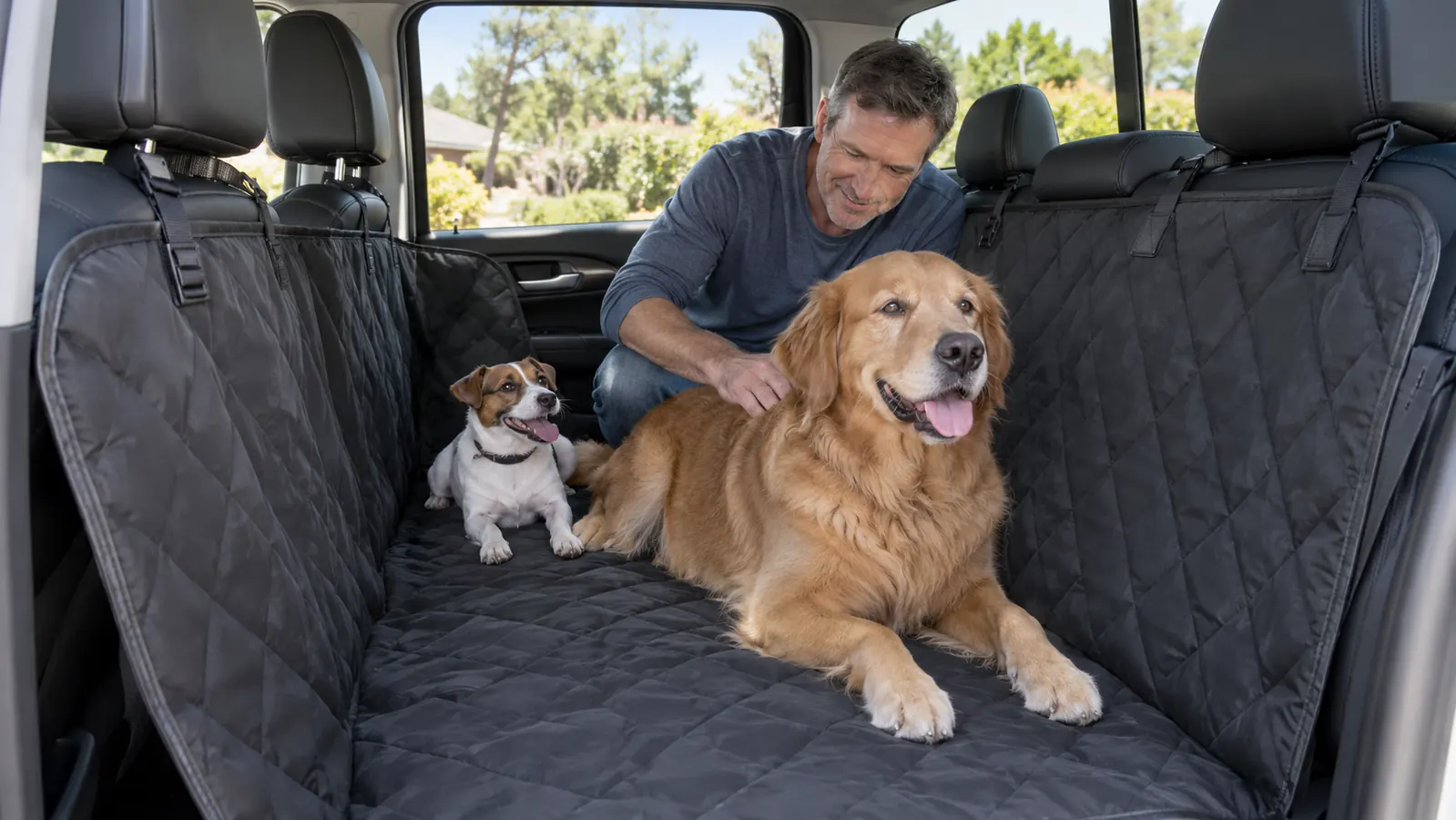 A dog lying on a hammock style seat cover with the side flap up